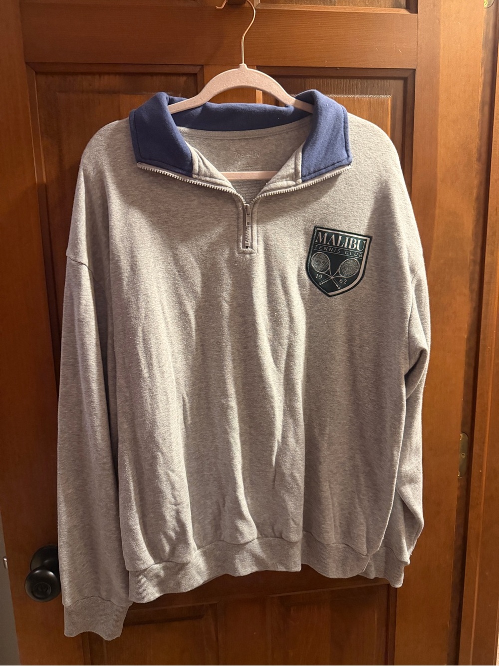Zoe + Liv Heather Gray Sweatshirt with Navy Trim